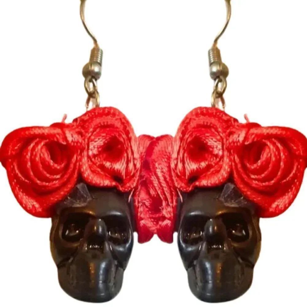 NEW Day of the Dead Drop Earrings Black Skull with Red Rose Flower Crown Tops
